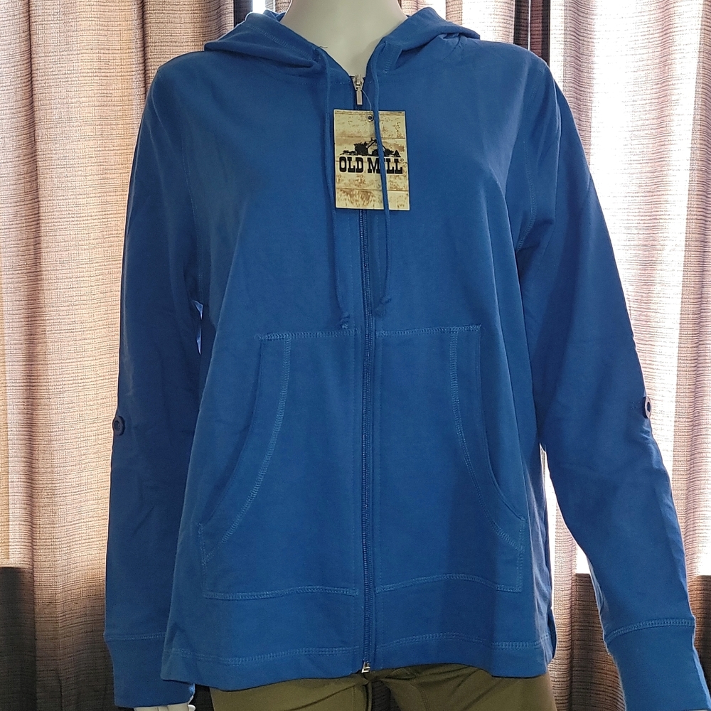 Old Mill Women's Terry Hooded Front Zipper Roll-Up Sleeve With Button Tabs